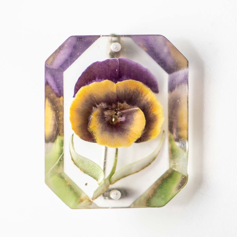 Carved Lucite Purple & Yellow Reverse Carved Pansy Flower Vintage Brooch